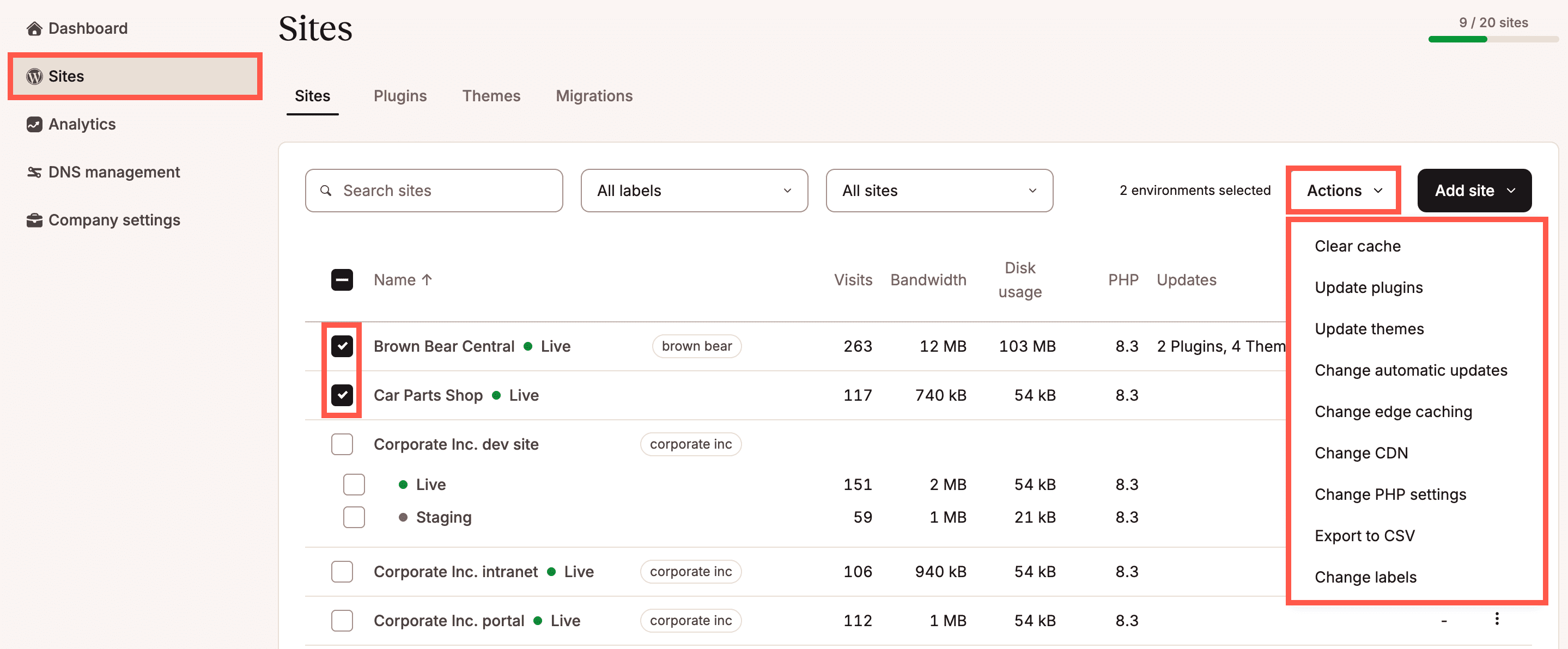 Realiza acciones en lote para tus entornos de WordPress desde Sitios.
