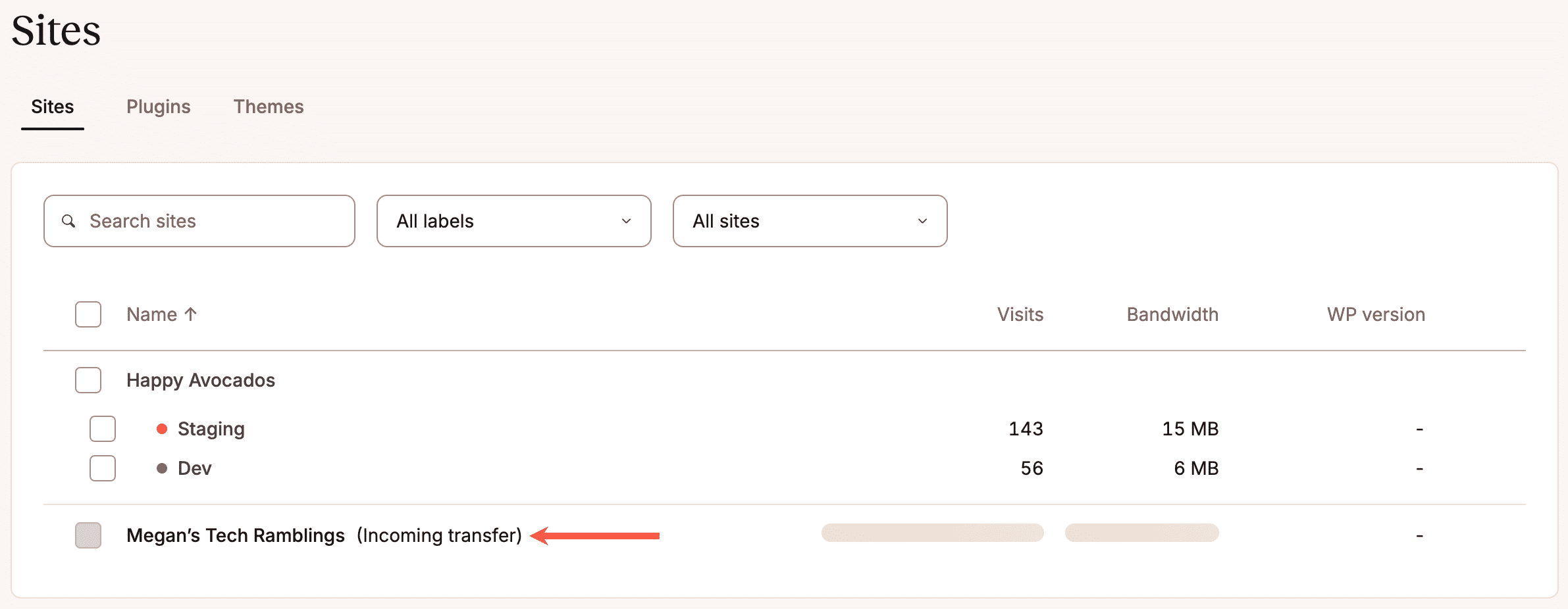 Inkomende sitetransfer in de MyKinsta WordPress sites lijst van het bedrijf van bestemming.