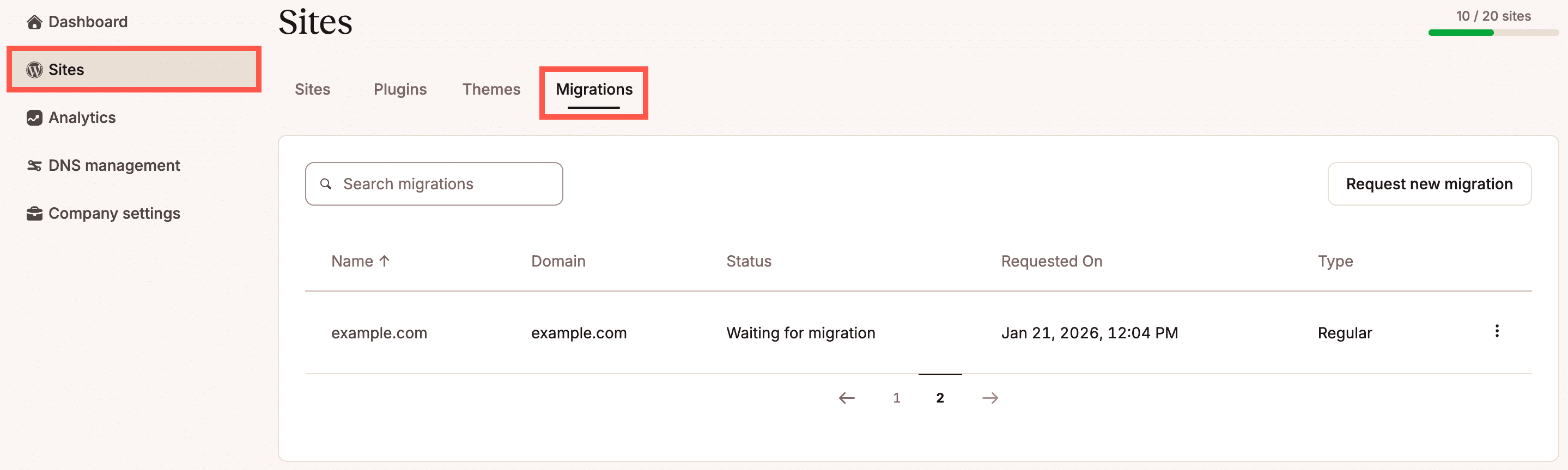 Migrationsanfragen kannst du auf der Registerkarte Migrationen auf der WordPress-Websites-Seite in MyKinsta einsehen