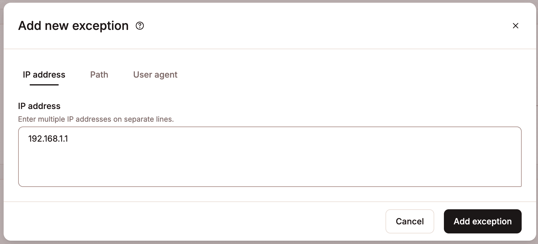 Füge die Ausnahme IP-Adresse, Pfad oder User-Agent zum Bot-Schutz hinzu