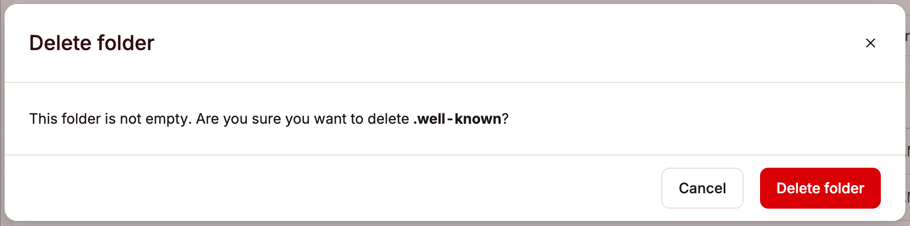 Delete a folder in MyKinsta's file manager.