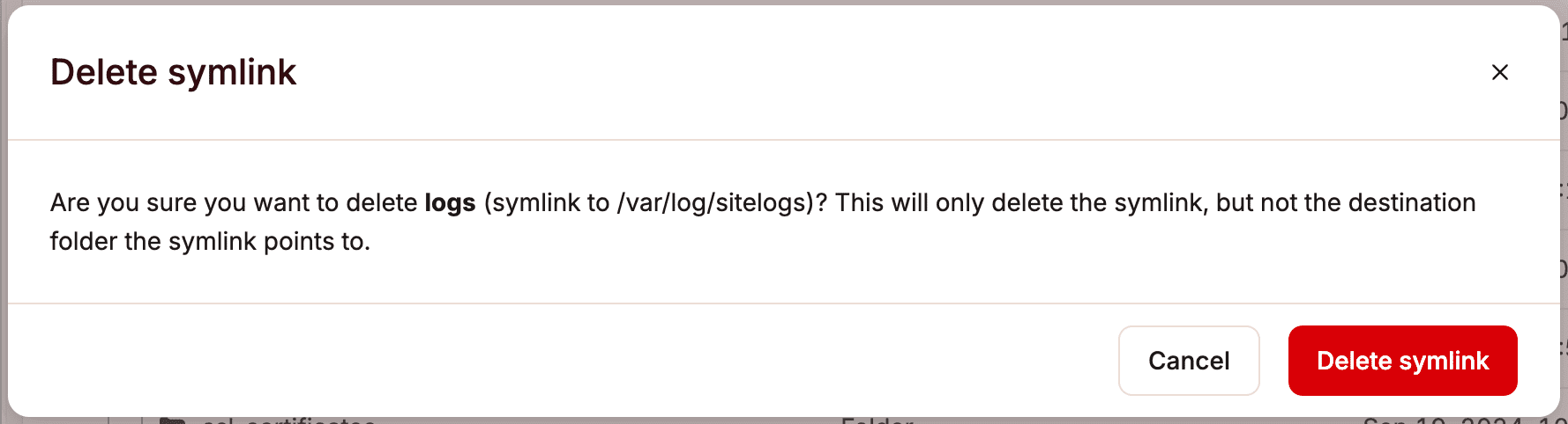 Delete a symlink in MyKinsta's file manager.