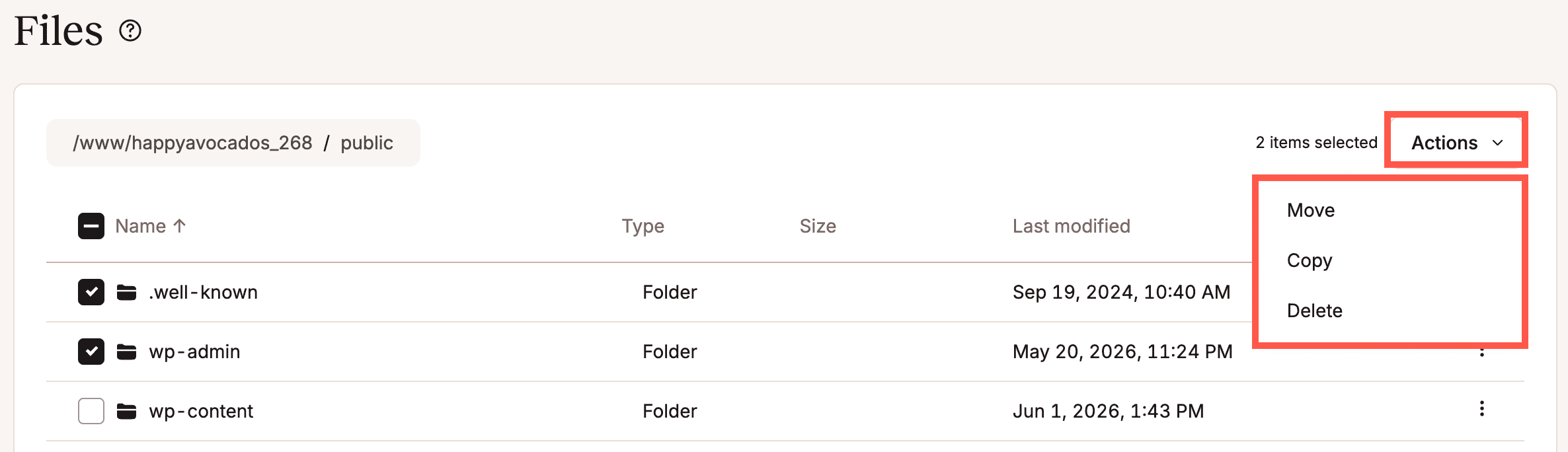 Move, copy, or delete multiple files and folders in MyKinsta's file manager.