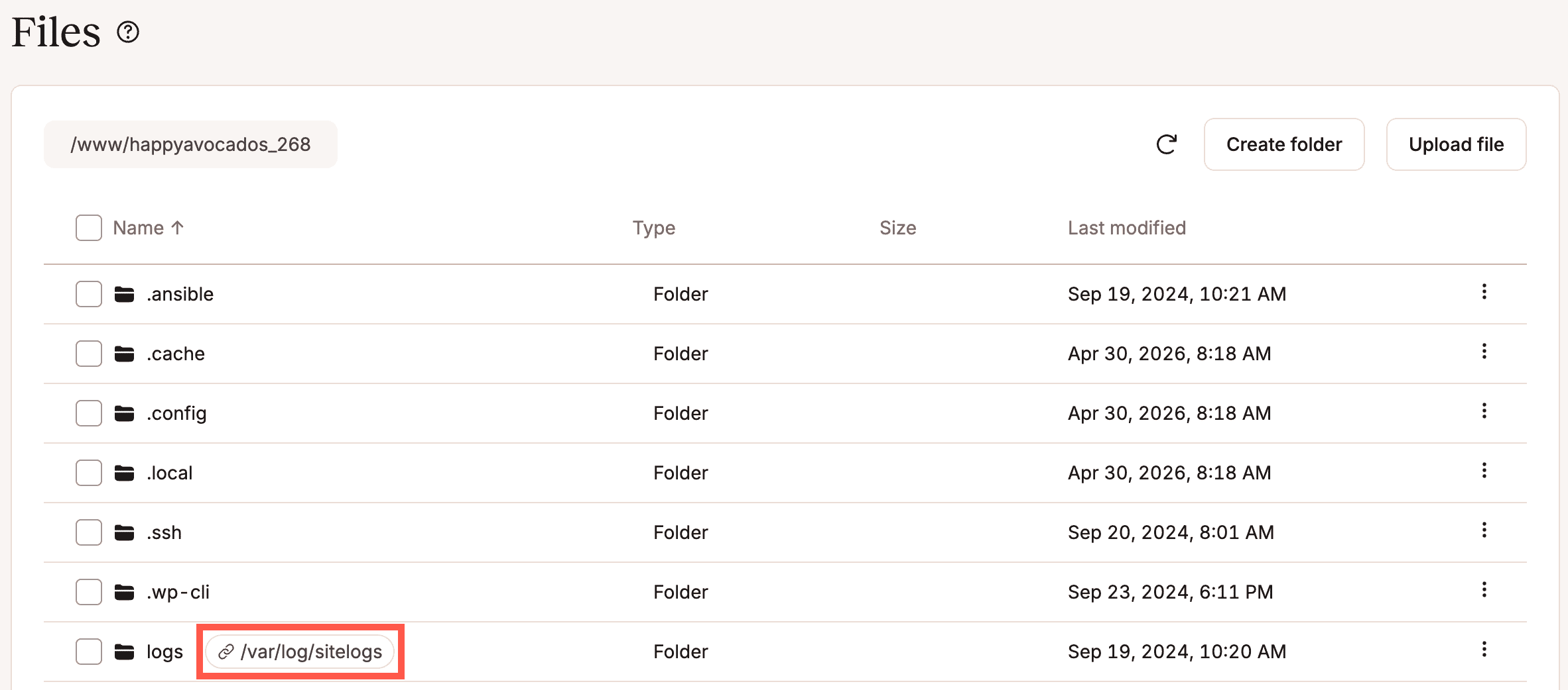 Symlink in MyKinsta's file manager.