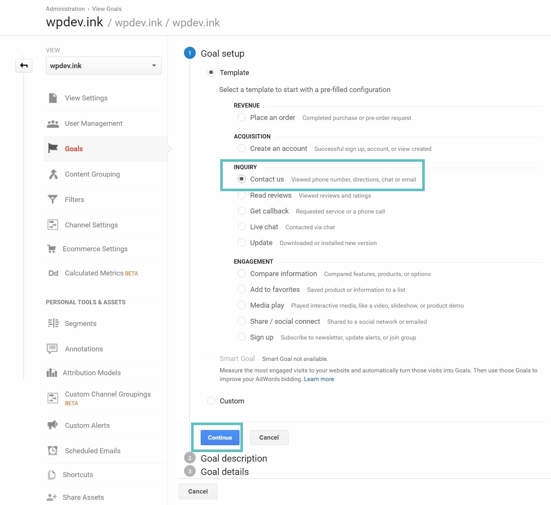 Create contact us goal erstelle ein 'Kontakt mit uns' Ziel