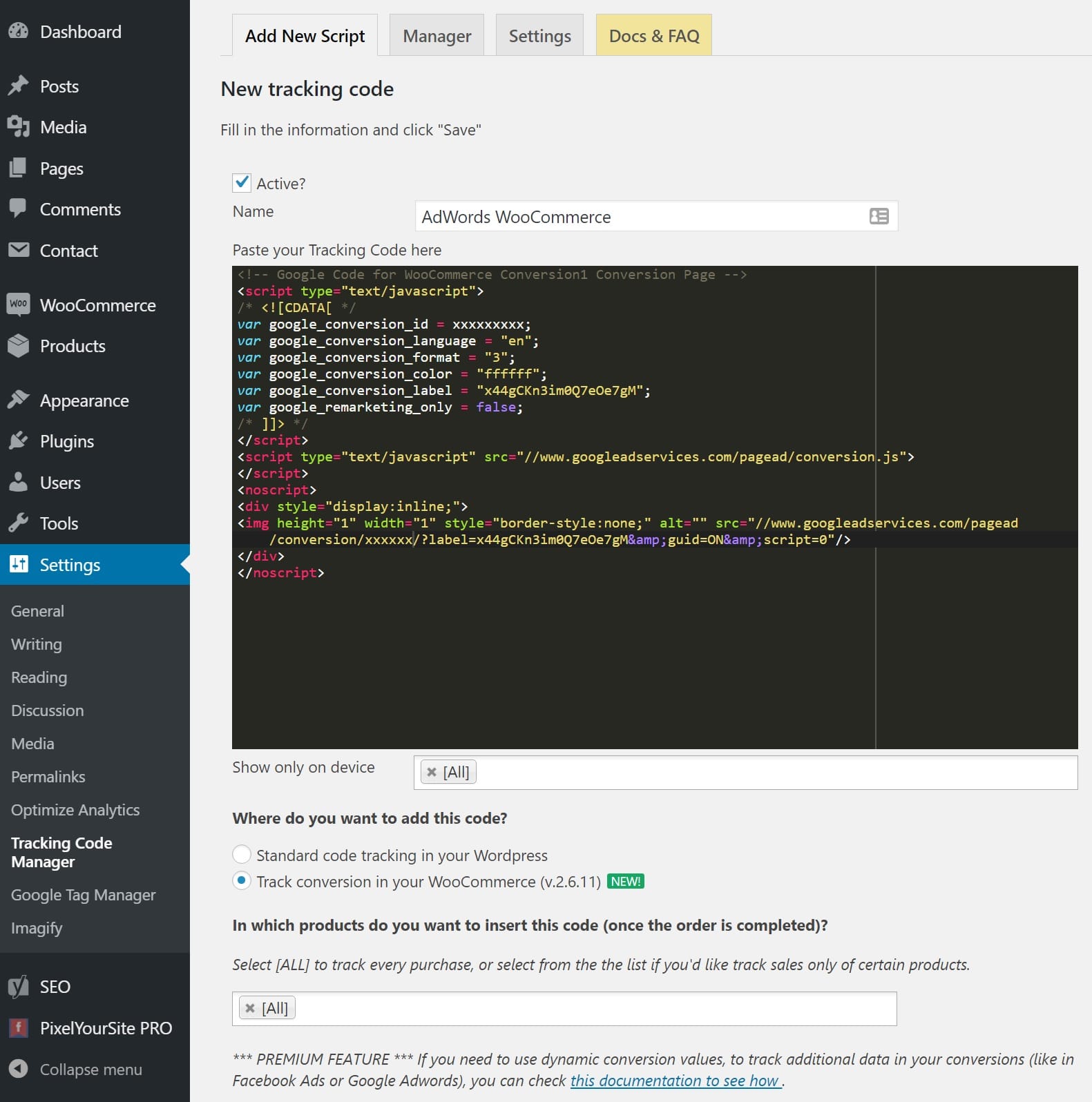 Add AdWords WooCommerce pixel Hinzufügen des AdWords WooCommerce Pixels