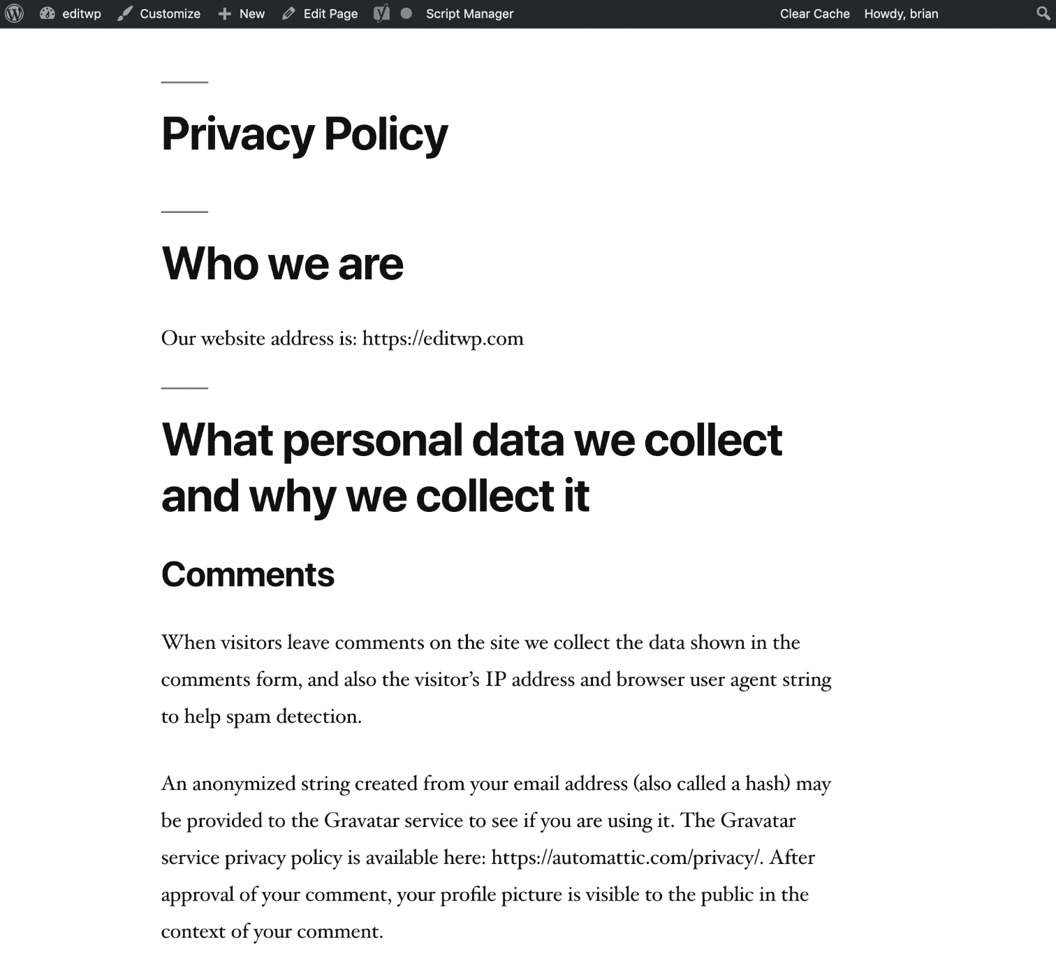 Beispiel für eine Datenschutzseite in WordPress