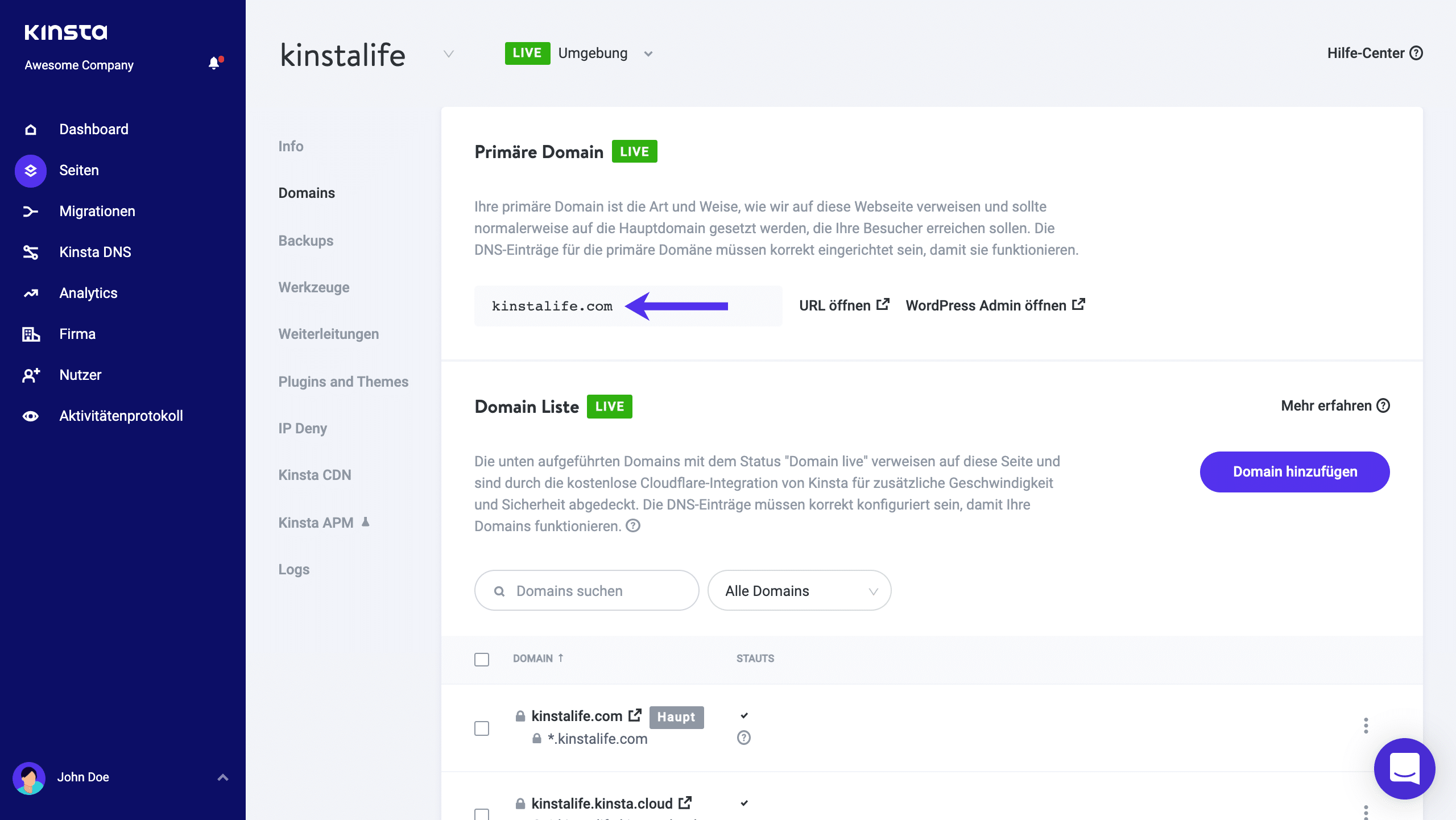 Kinsta Hauptdomain