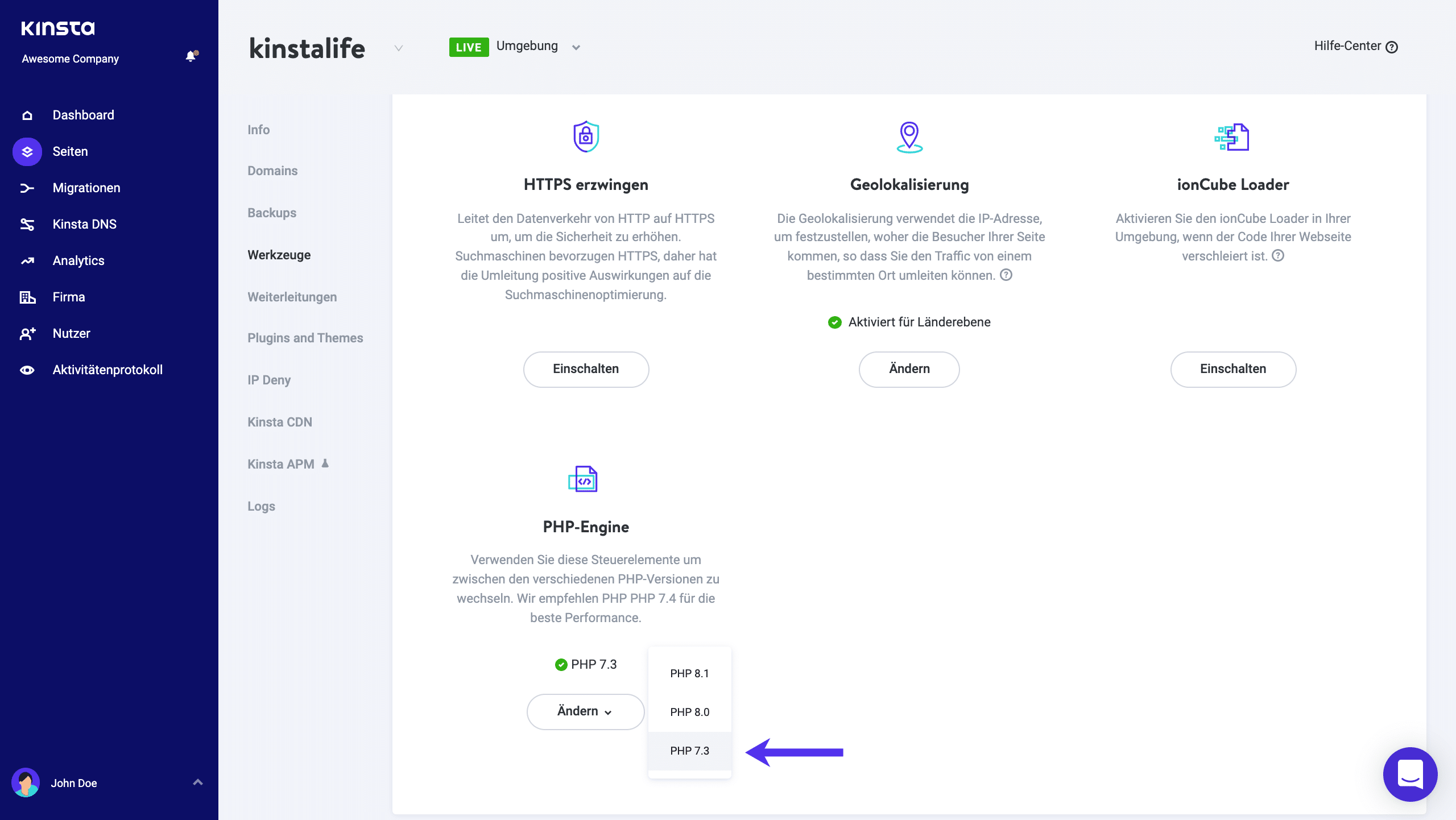 Aktualisieren Sie die PHP-Version der WordPress-Site