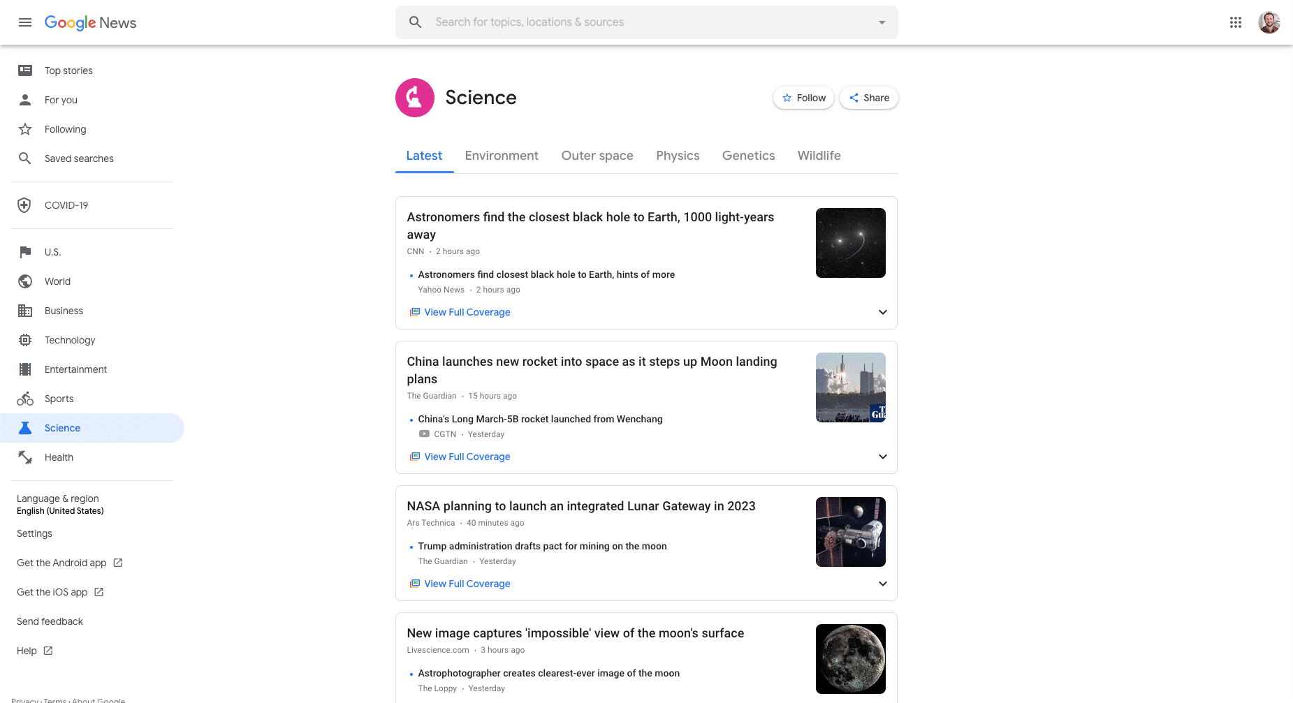 Eine Beispielseite mit Wissenschafts-Artikeln auf Google News