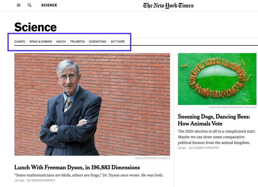 NYT Wissenschaftsseite - Hauptmenü
