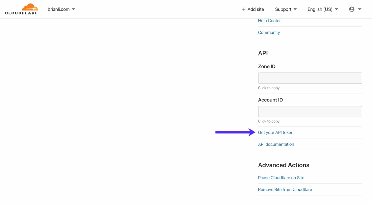 Schau dir deinen Cloudflare Global API Key an.