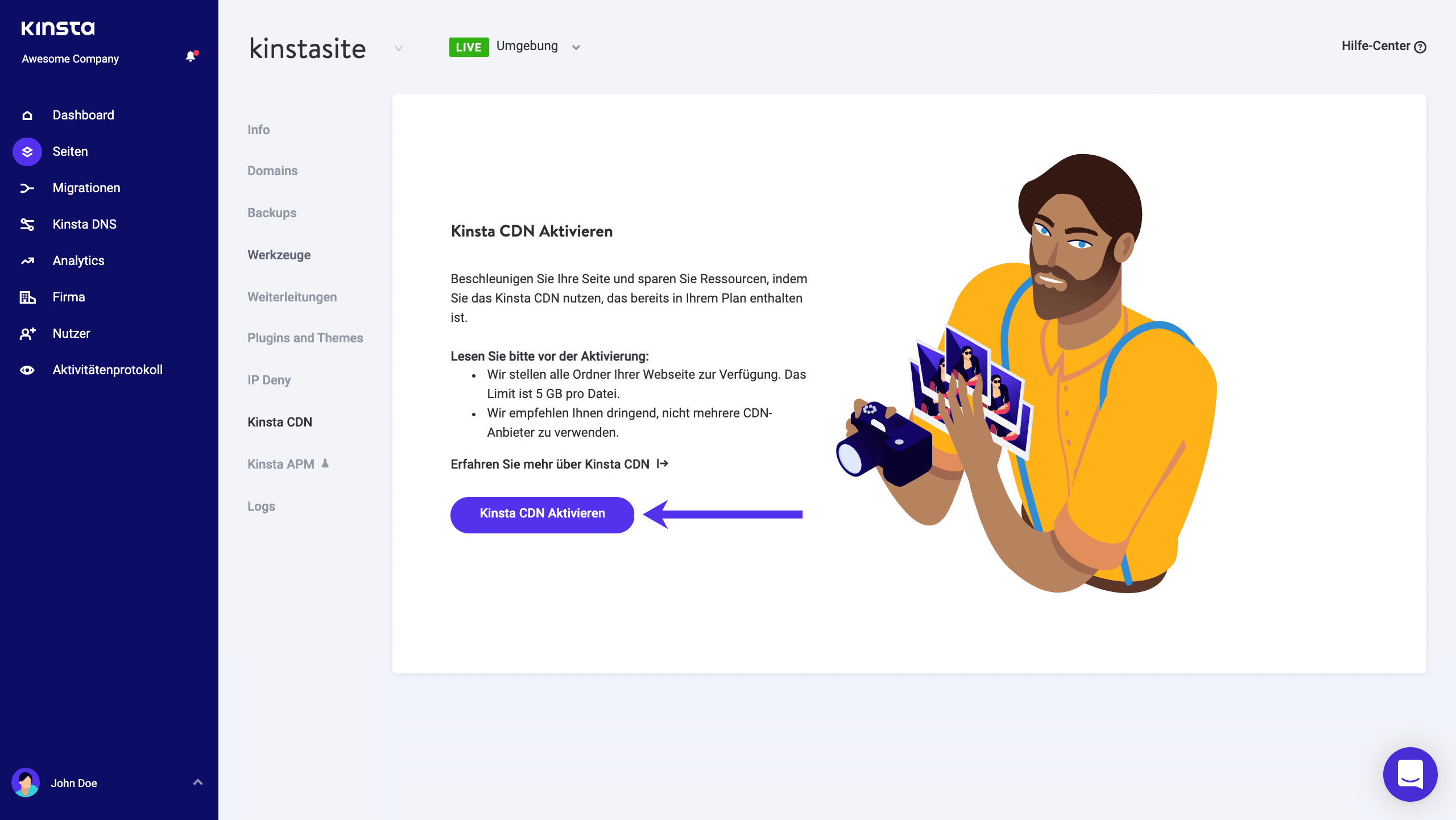 Aktiviere das Kinsta CDN in MyKinsta.