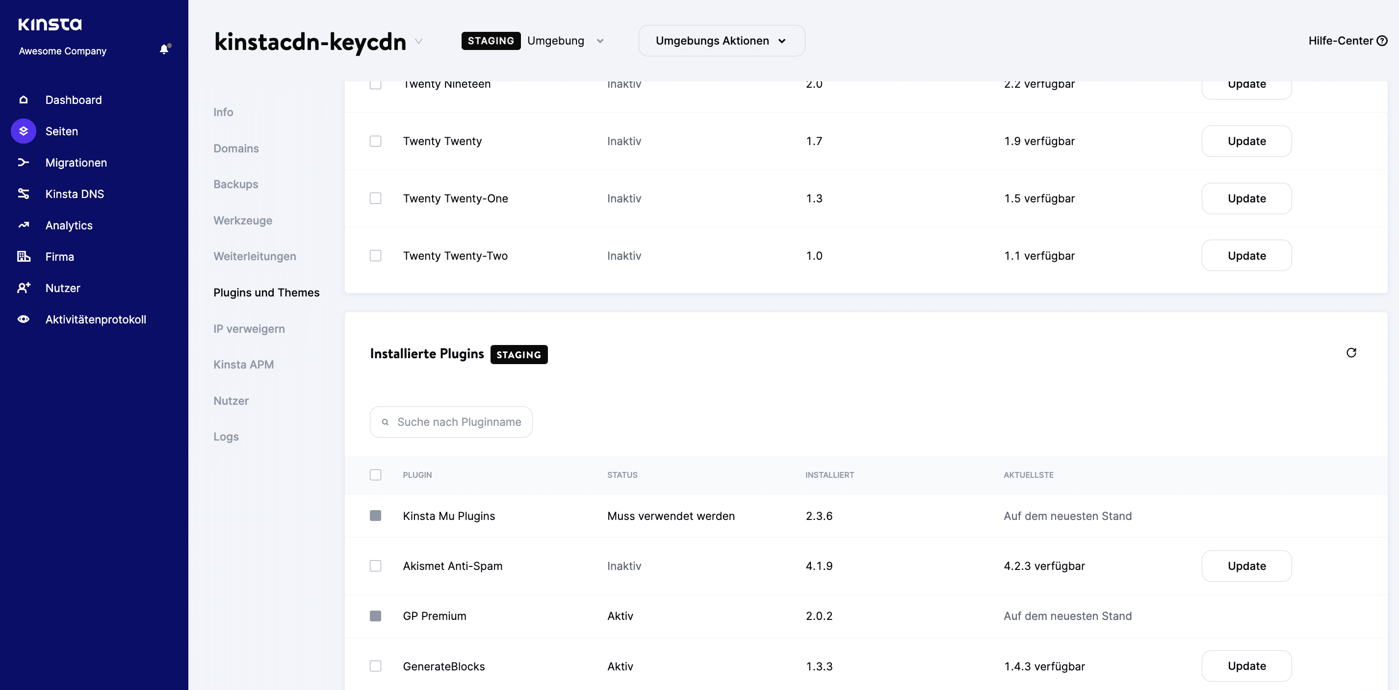Der MyKinsta Plugins und Themes Bildschirm
