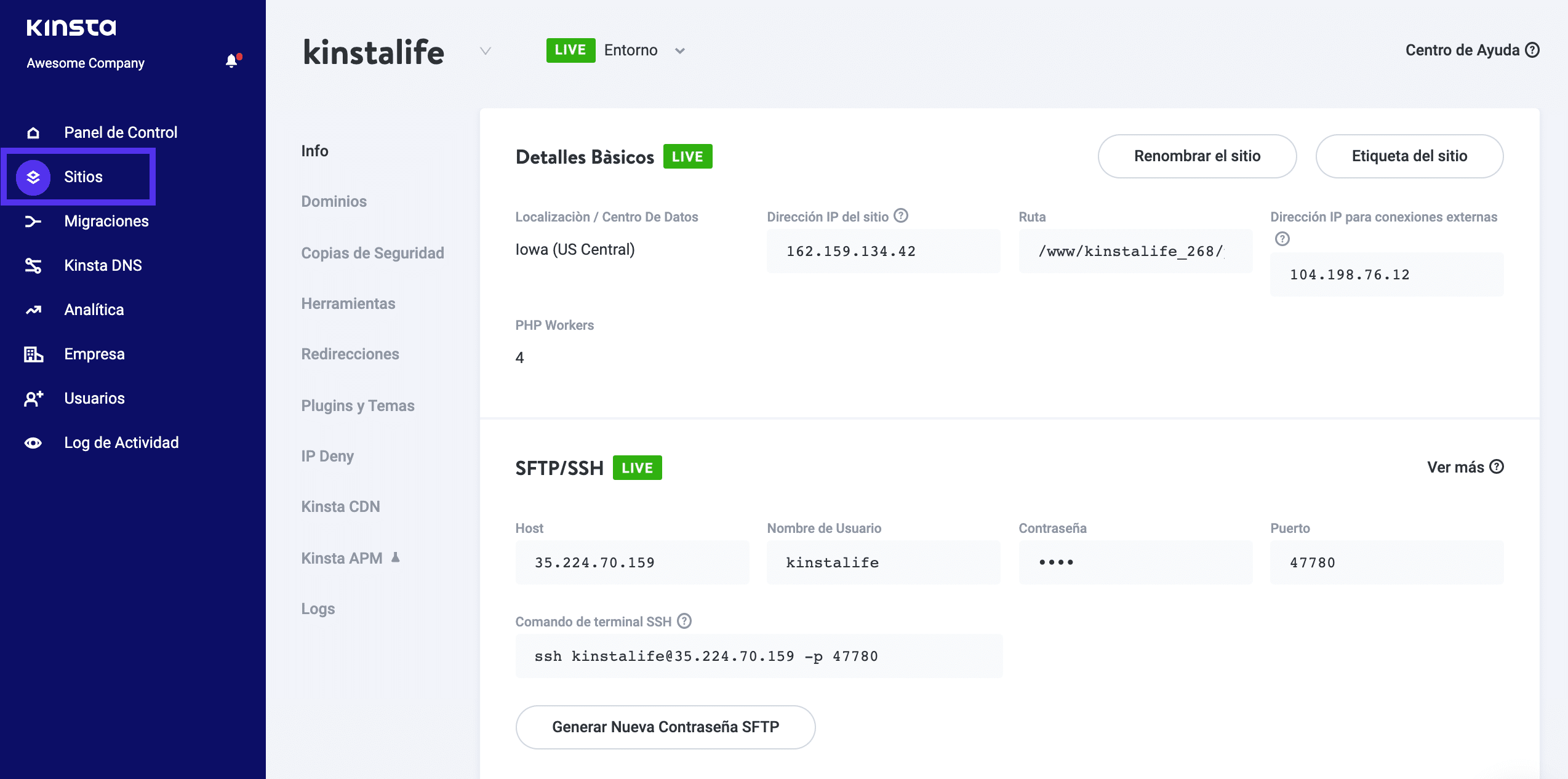 El panel de control de MyKinsta.