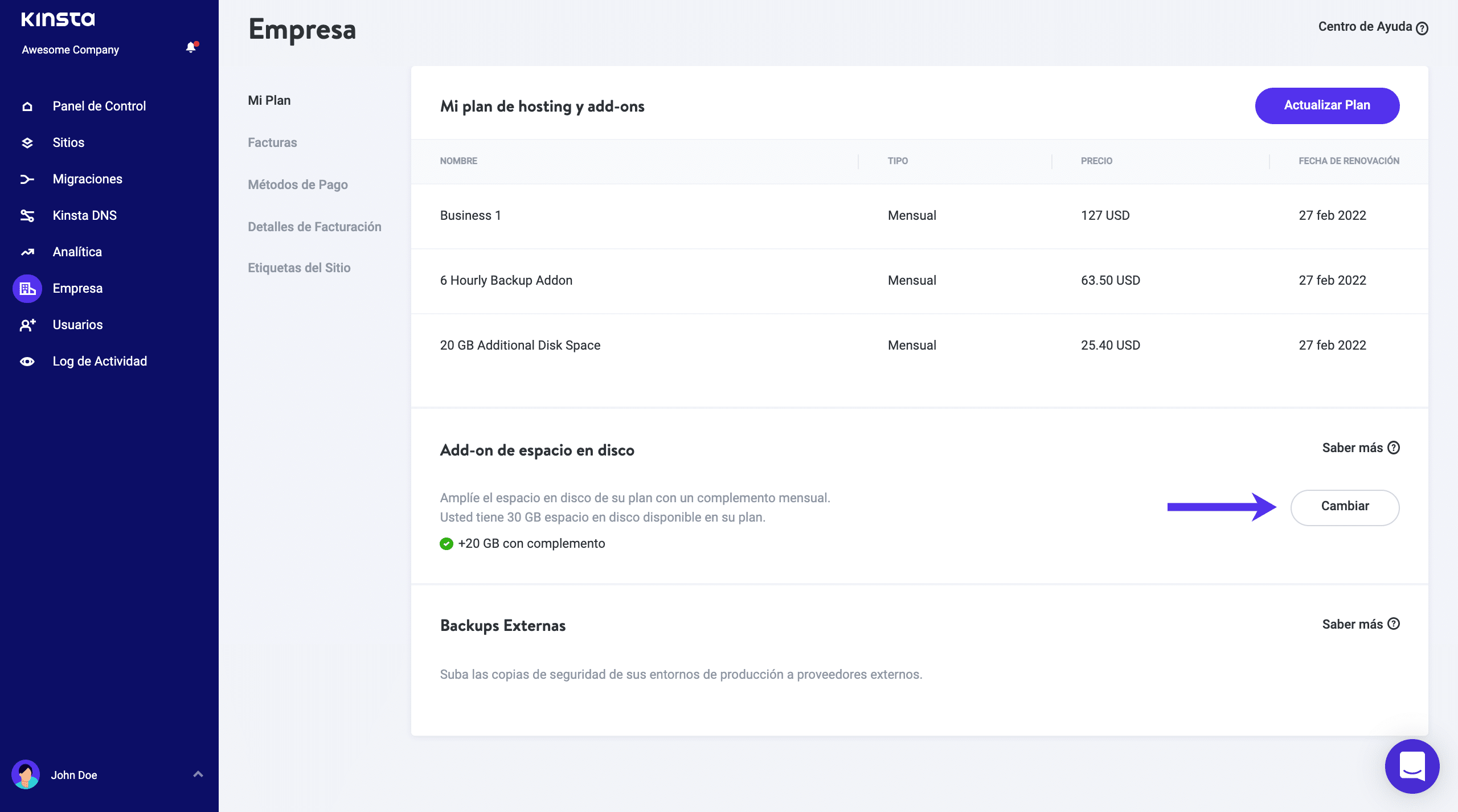 Agregar espacio en disco en MyKinsta