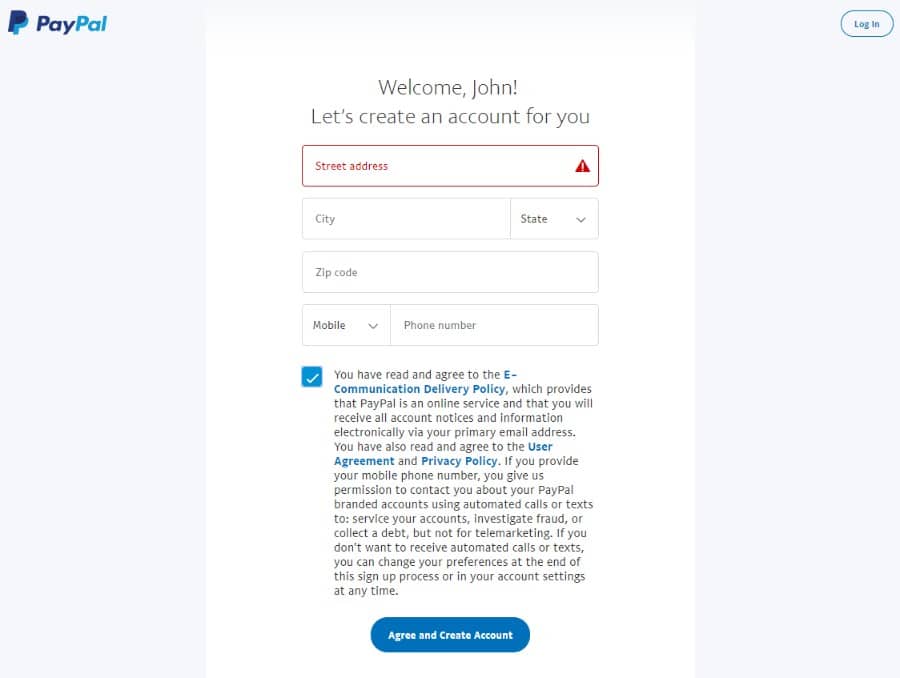 PayPal create account Creación de cuenta de PayPal