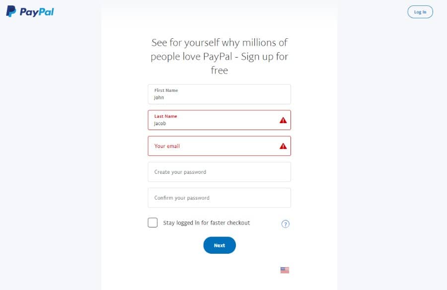 PayPal sign up form Formulario de inscripción de PayPal