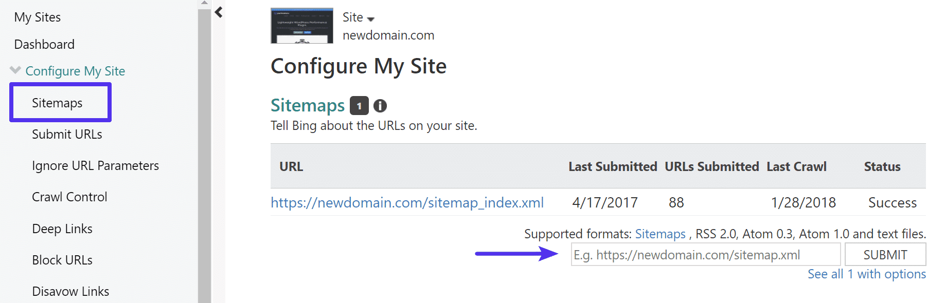 Enviar archivo de sitemap en Bing Webmaster Tools