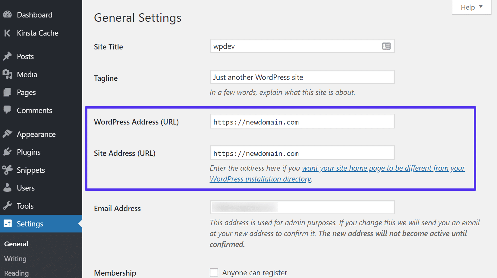 Actualizar la dirección de WordPress y la URL del sitio