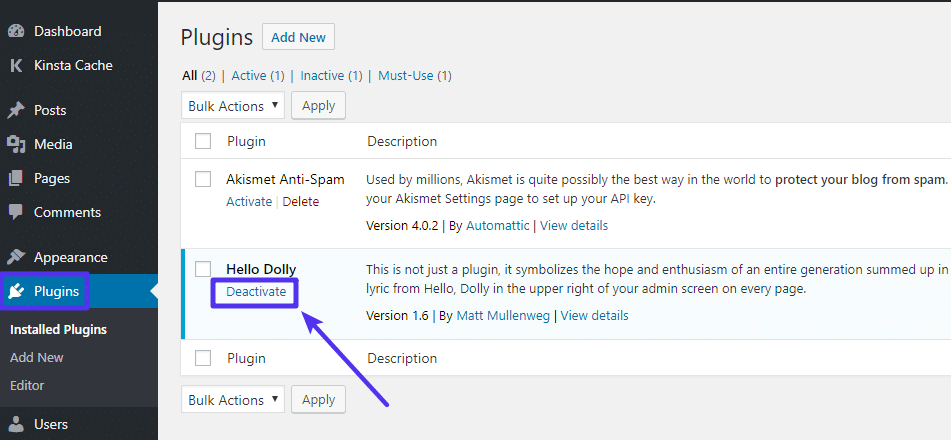 Como desactivar un plugin desde su panel de control de WordPress