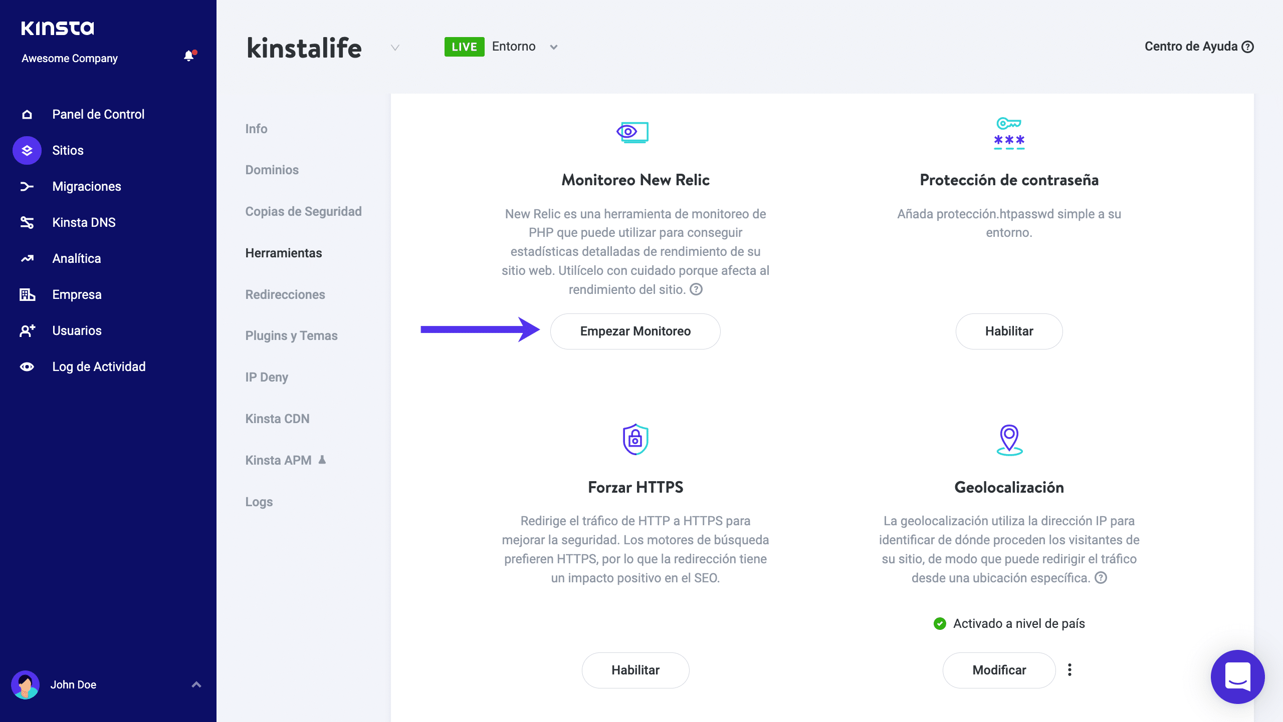 Habilitar la monitorización de New Relic en MyKinsta.