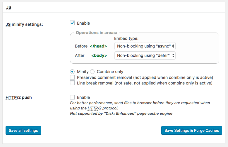 Configuración de minimización de W3 Total Cache JavaScript