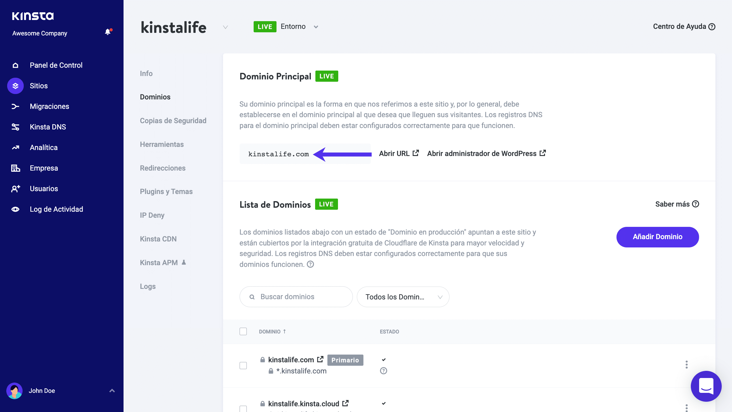 Dominio principal de Kinsta