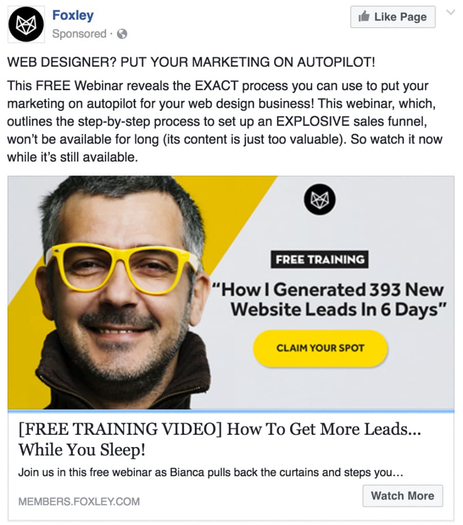 Facebook ad sobre video de entrenamiento B2B