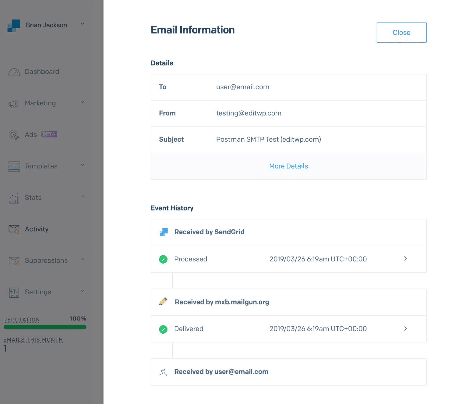 Lista de actividades de SendGrid