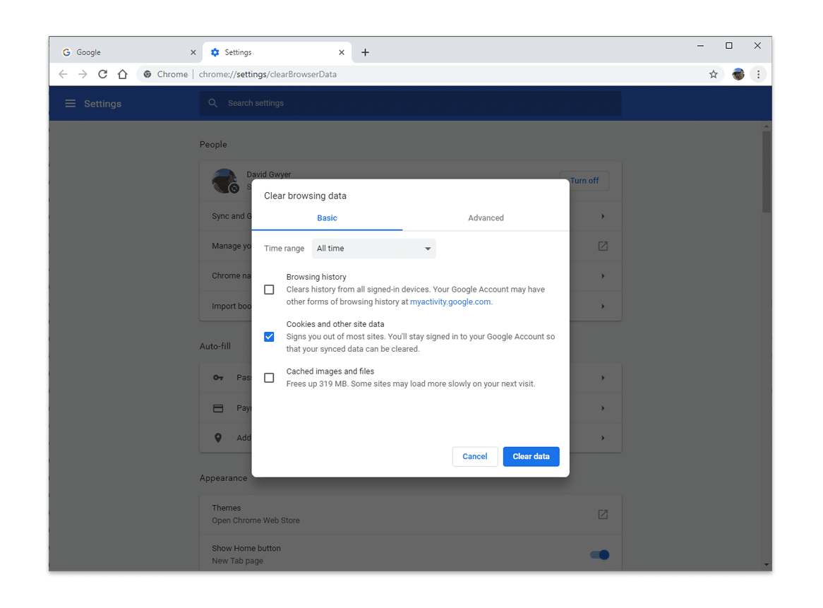 Borrar las opciones de datos de navegación (cookies)