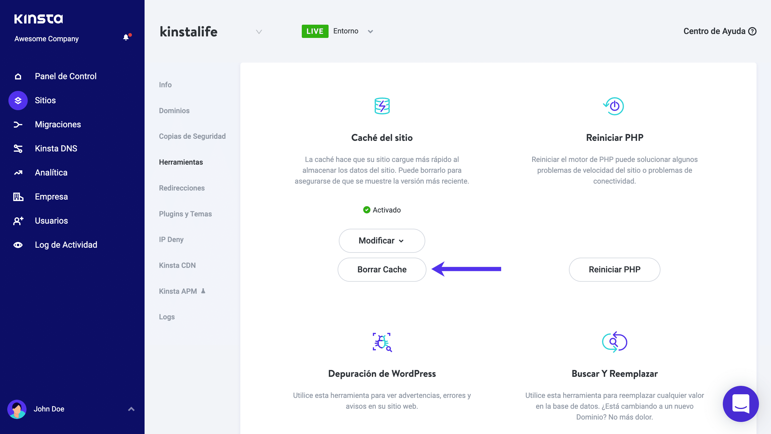 Depurando el caché de WordPress en el dashboard de MyKinsta