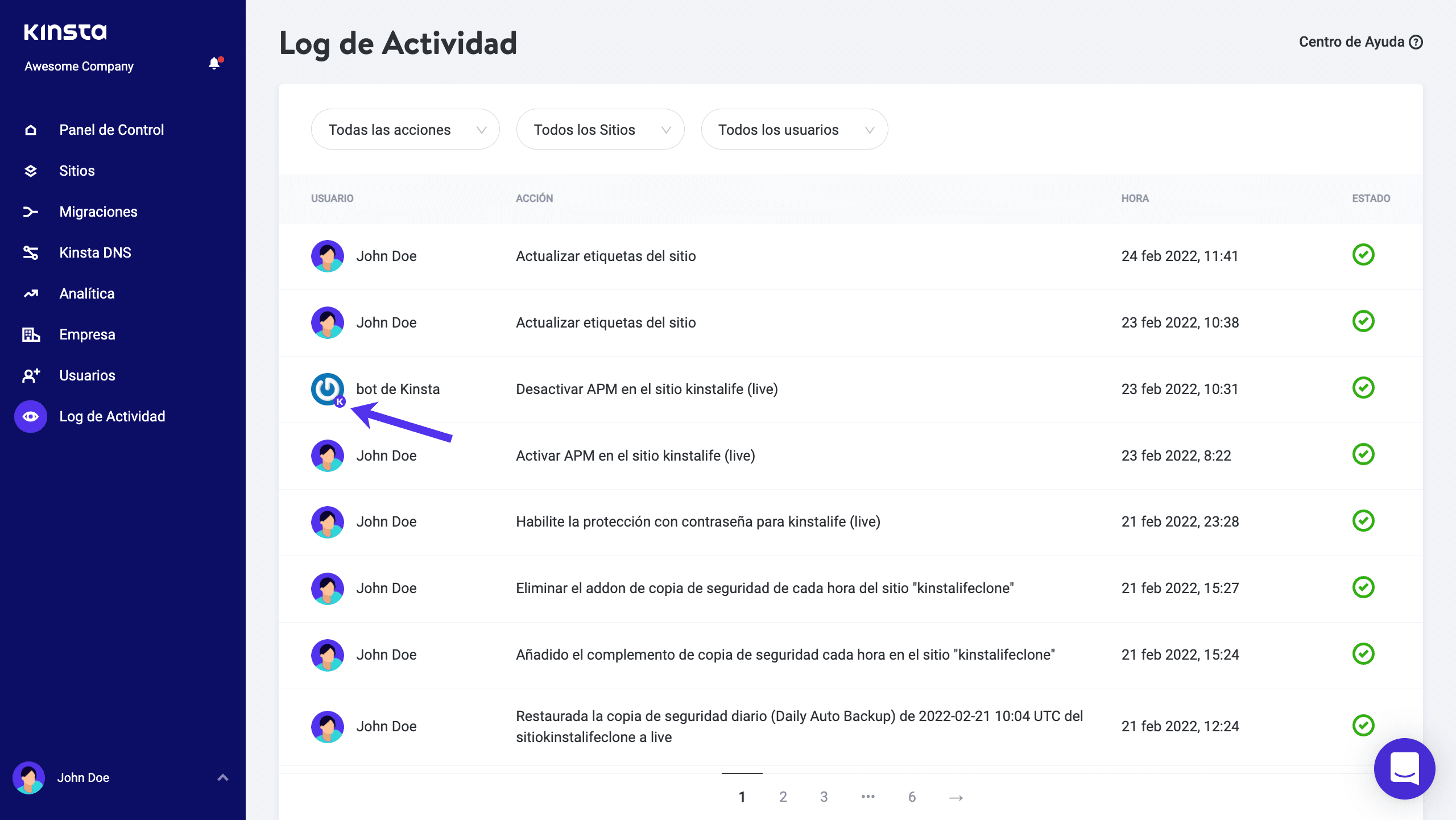 MyKinsta log de actividad