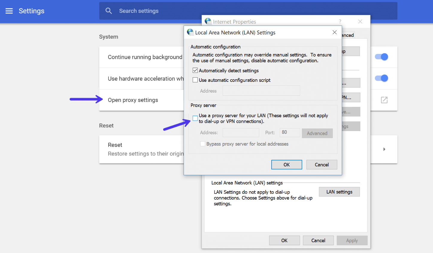 Desactivar la configuración del proxy Chrome en Windows