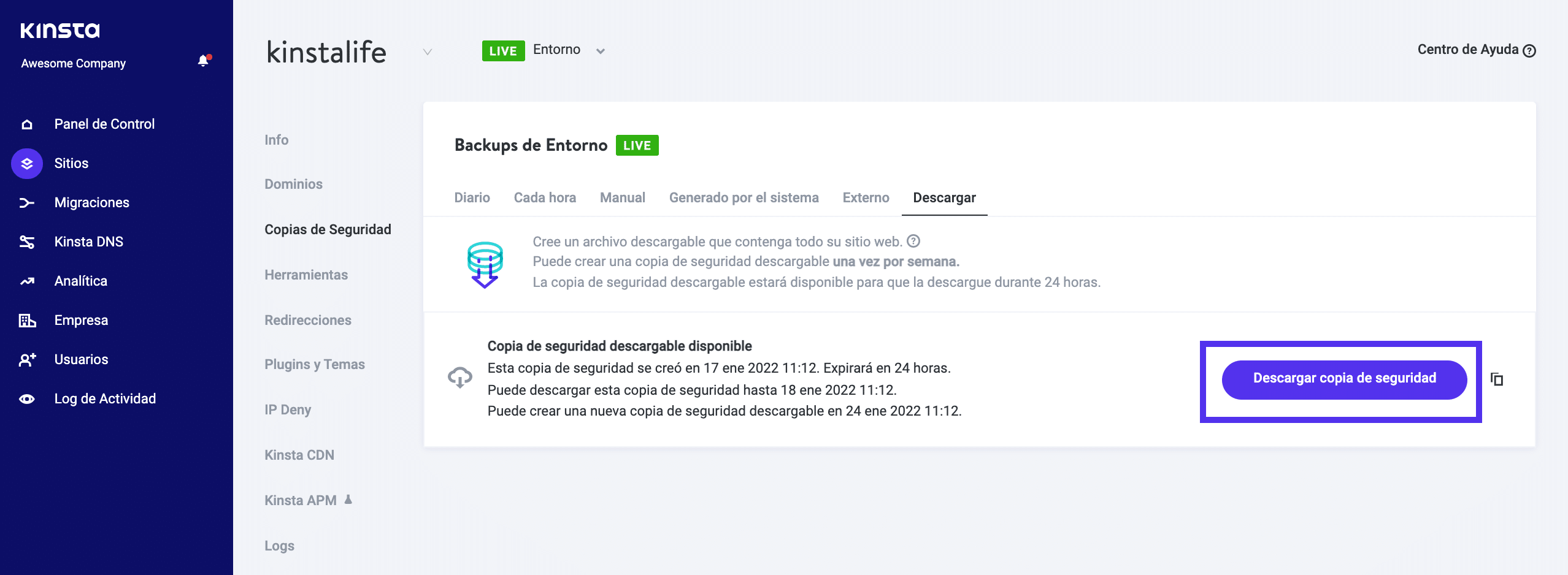 Haga clic en el enlace para descargar su copia de seguridad.