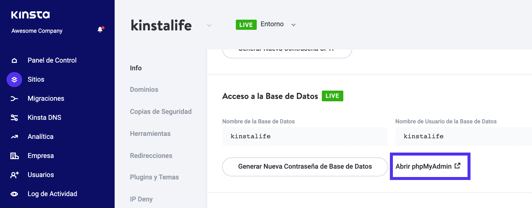 Puede abrir phpMyAdmin desde su cuenta MyKinsta.