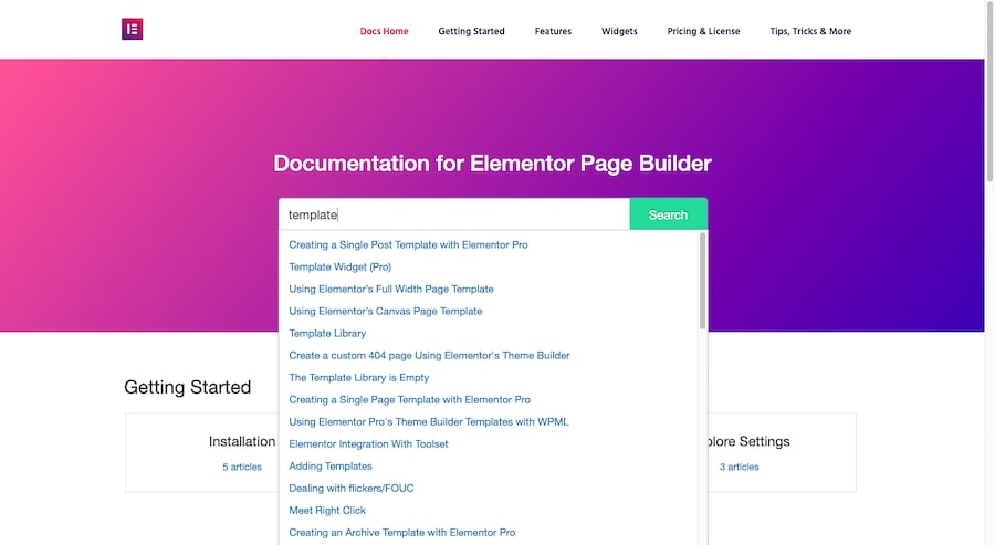 Elementor: búsqueda a través de la documentación para la 
