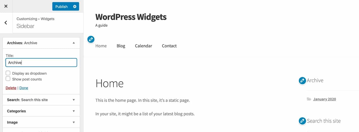 Edición de widgets en el Personalizador