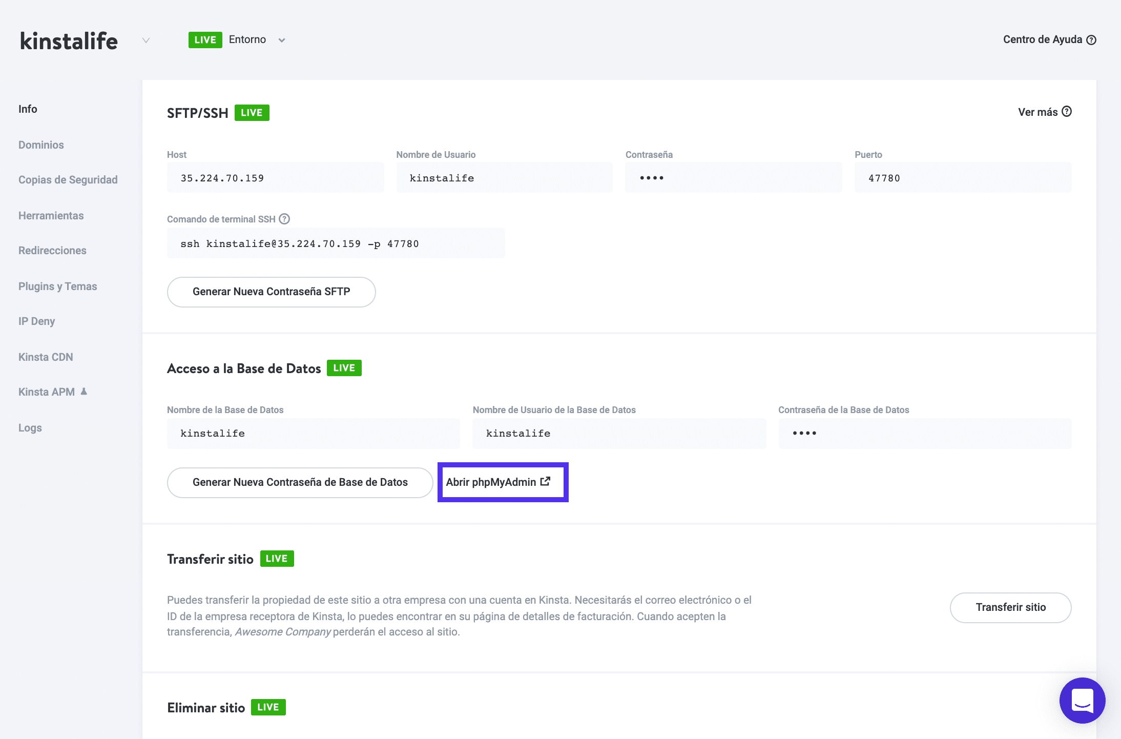 Accediendo a phpMyAdmin en MyKinsta