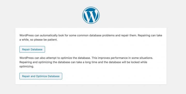 Página de reparación de la base de datos