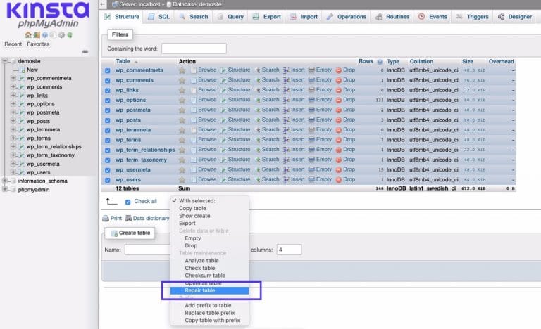 Reparando la base de datos en phpMyAdmin