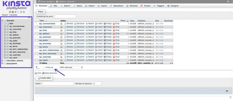 Tablas de la base de datos en phpMyAdmin