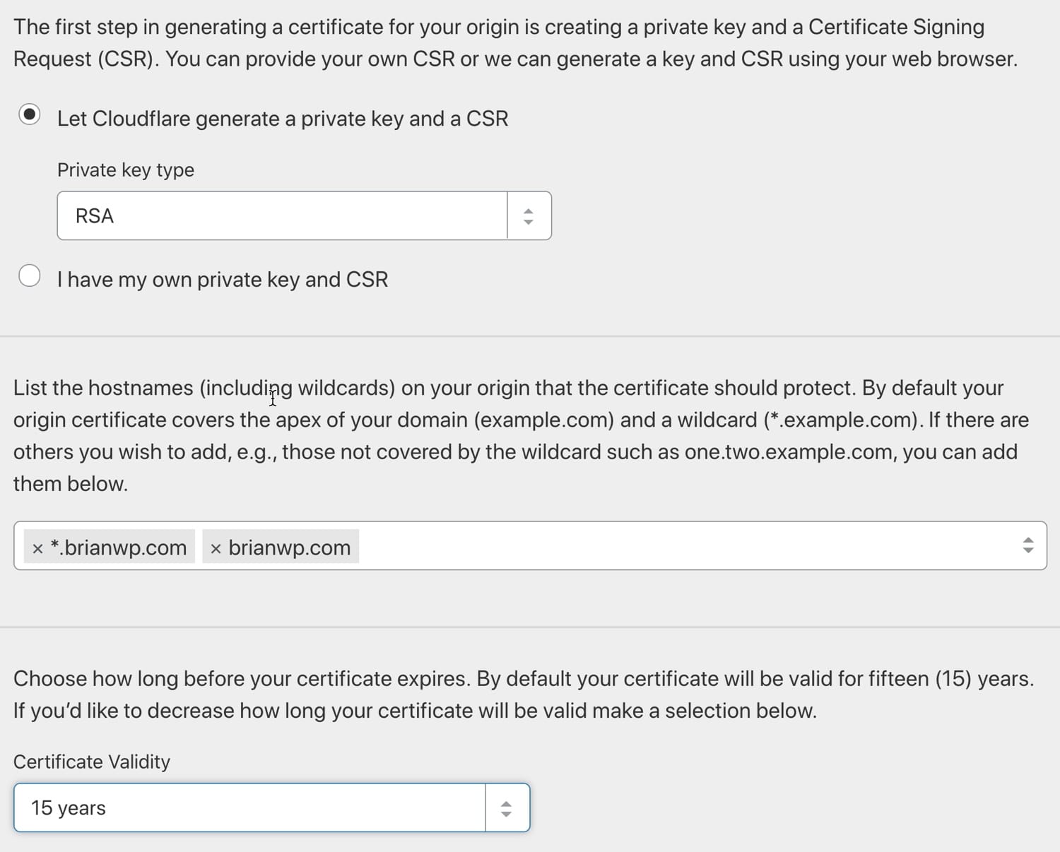 Generar un certificado de origen de Cloudflare.