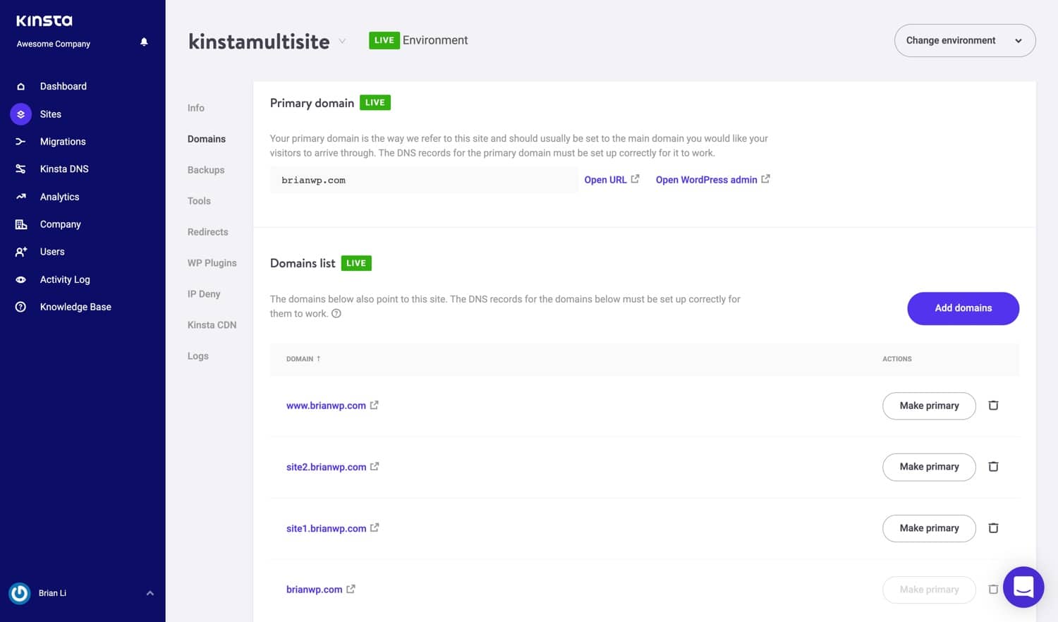 Dominios de múltiples sitios en MyKinsta.