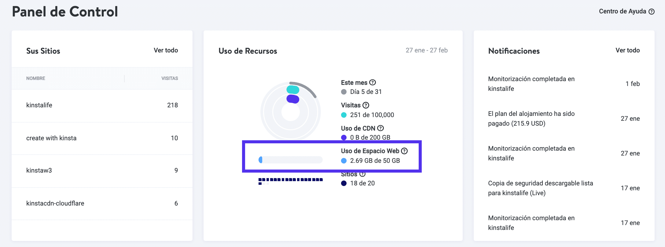 El uso del disco en MyKinsta