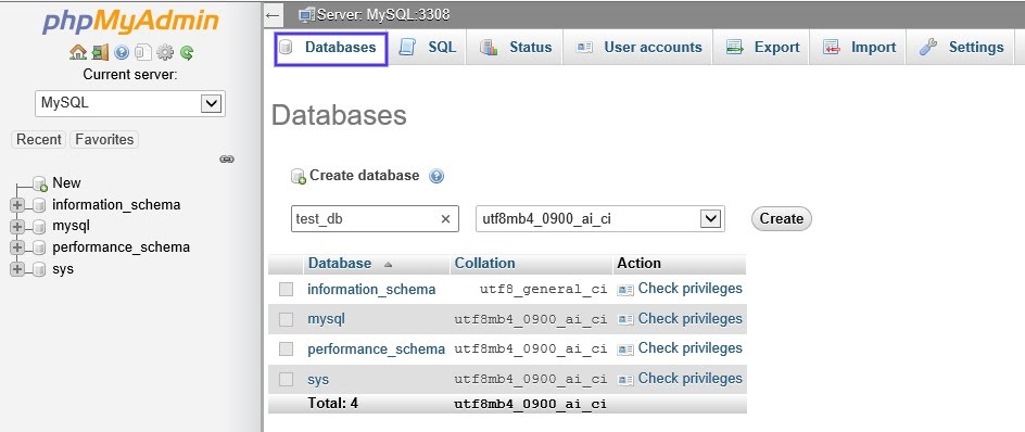 La página de bases de datos de phpMyAdmin