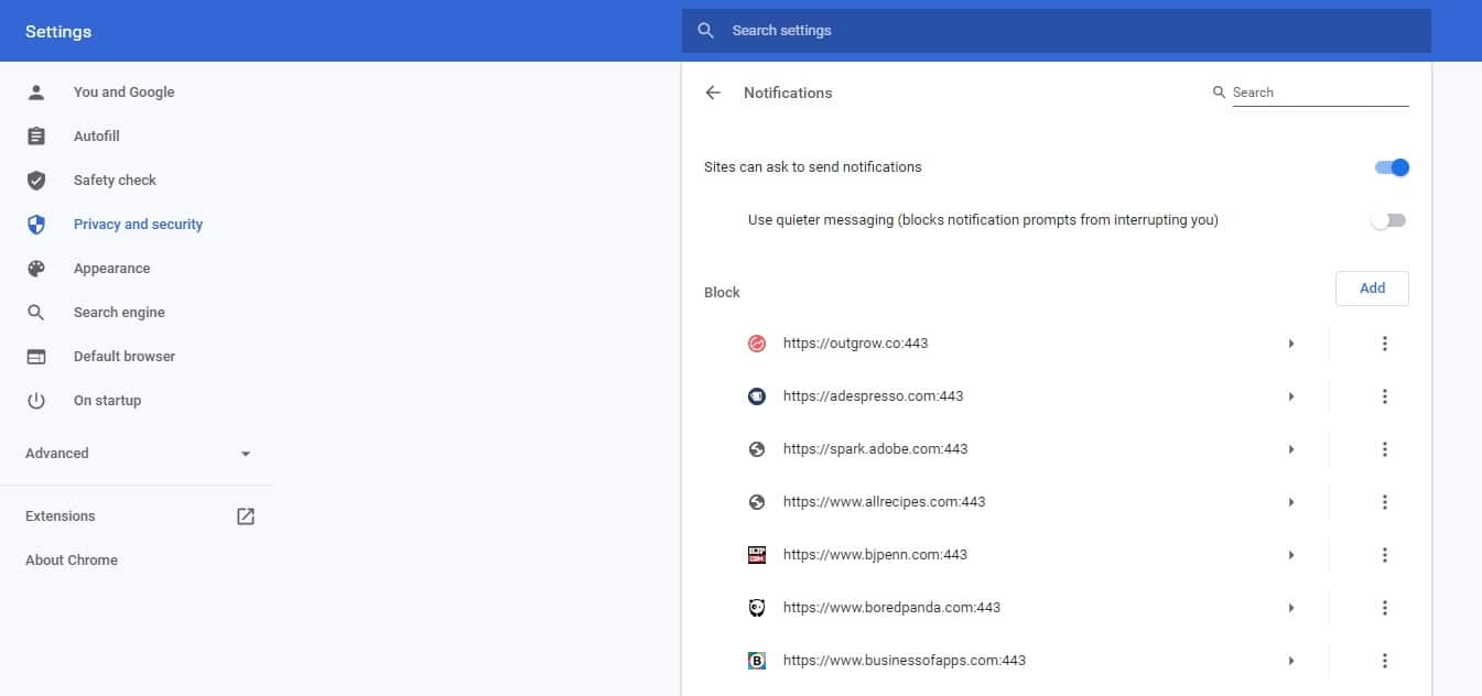 Bloquear las notificaciones de los sitios web