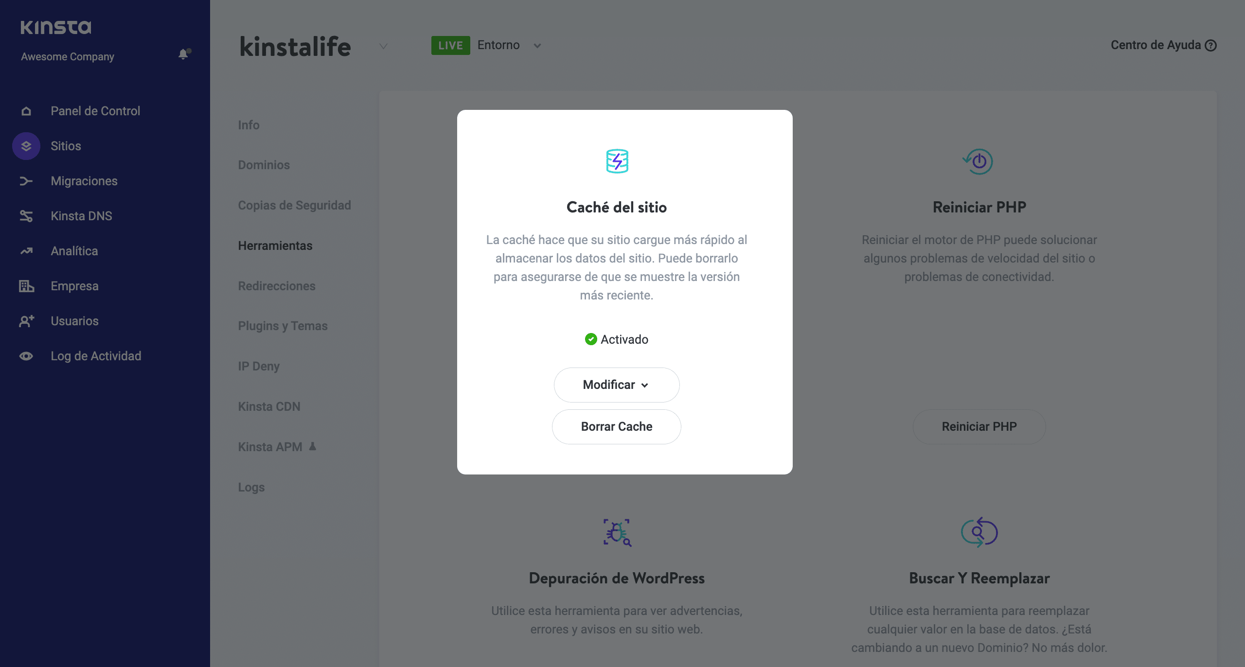 La opción de caché del sitio de Kinsta.