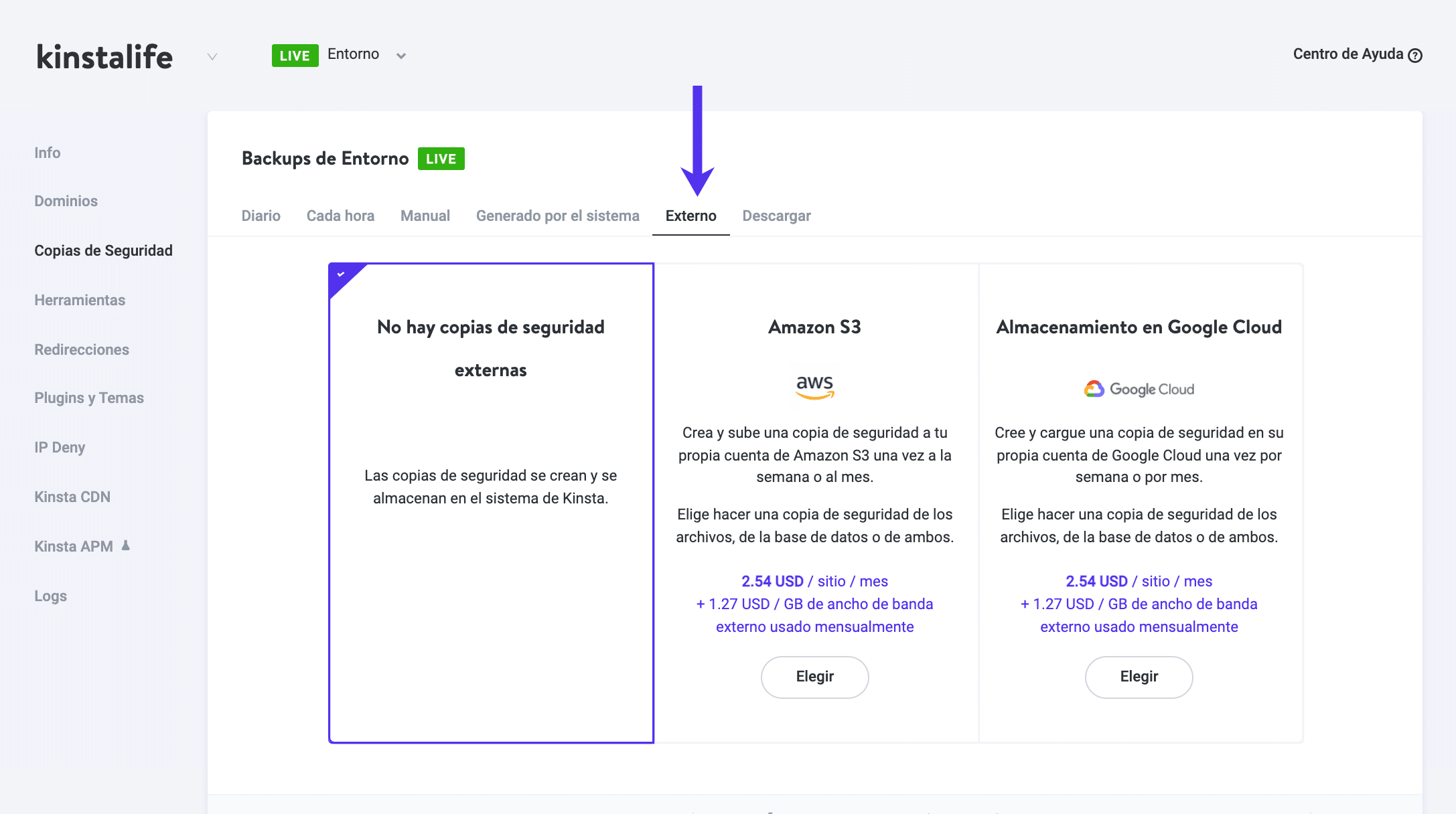 Kinsta soporta copias de seguridad externas en S3 y Google Cloud Storage.