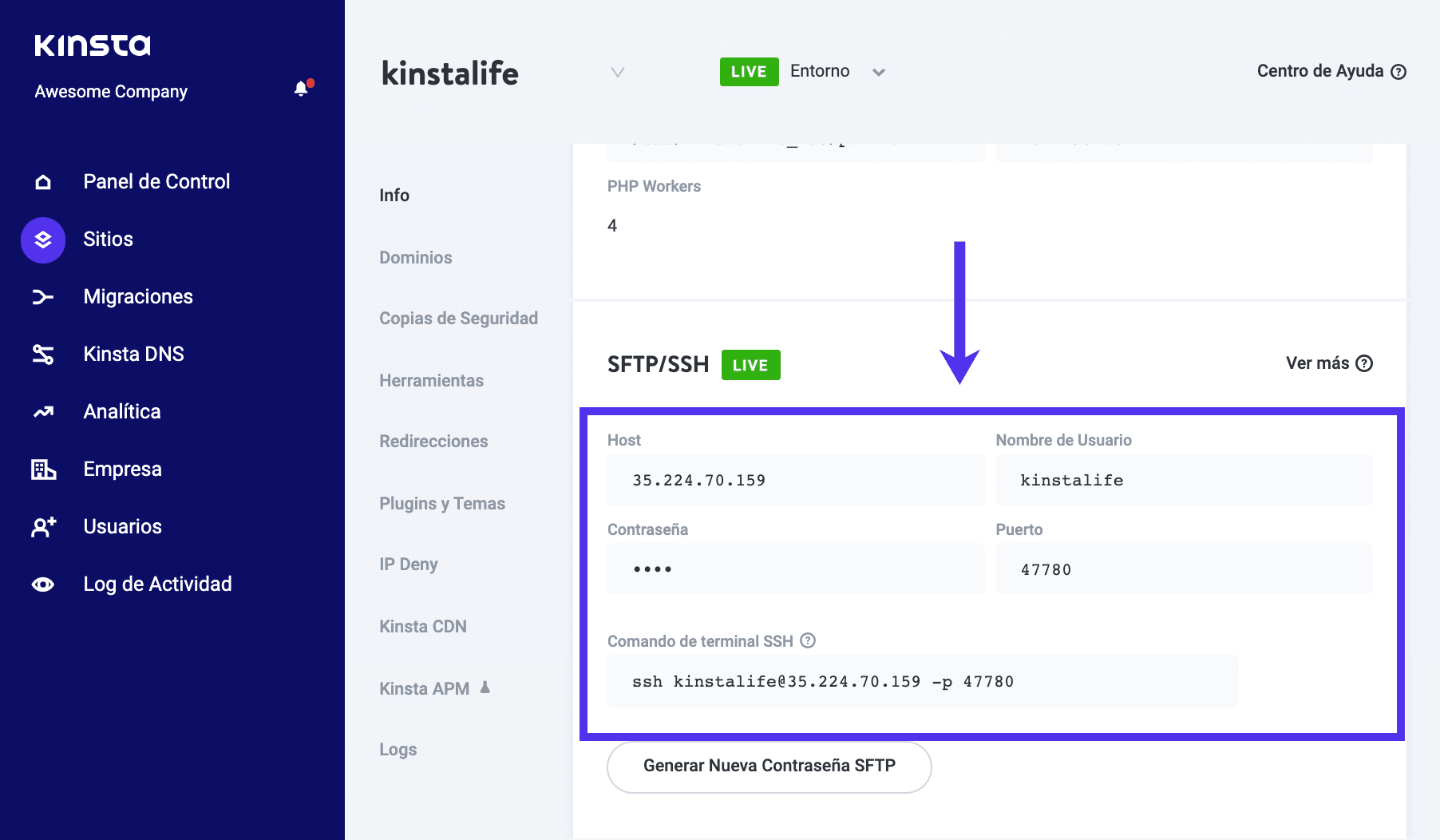Las credenciales SFTP/SSH están disponibles en MyKinsta.